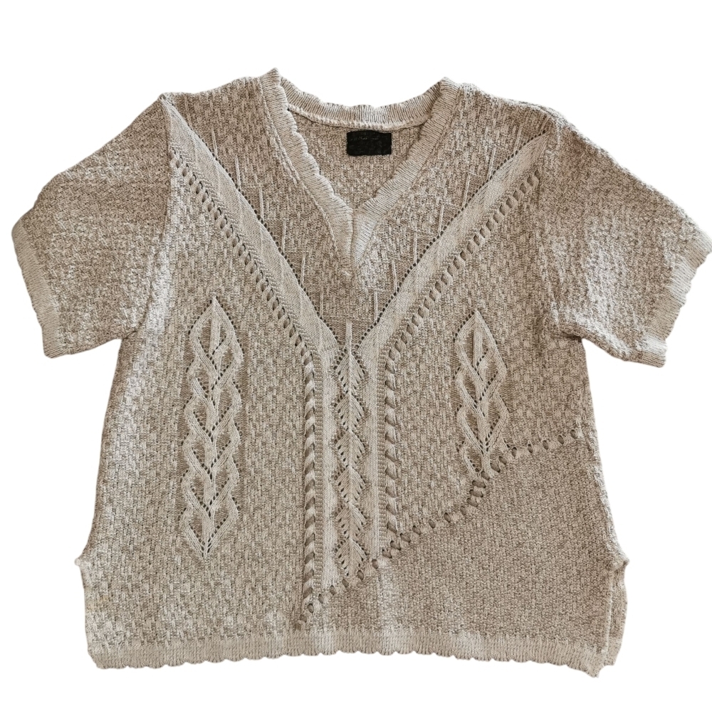 Well Made Cotton Fine Detail Boxy V-Neck Greige Sweater - Sz S-M Open To Offers